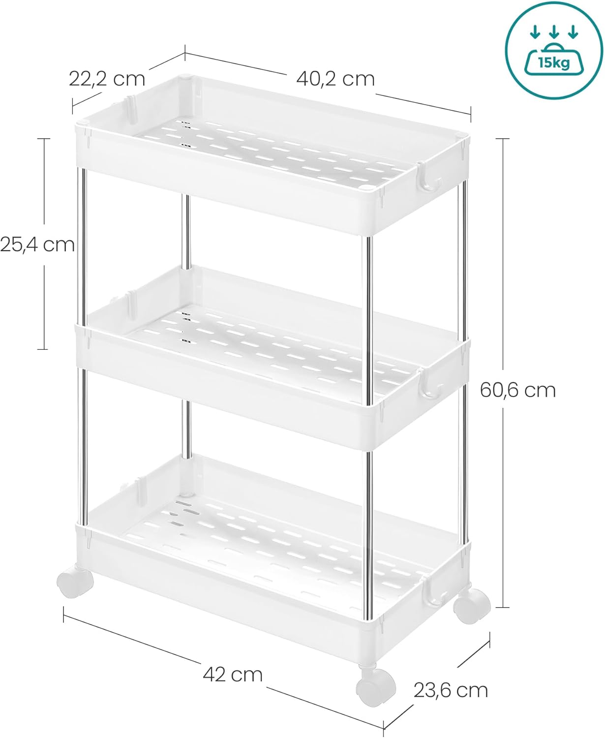 SONGMICS 3 szintes gurulós kocsi, levehető polcokkal, 360°-ban forgó kerekekkel, fém vázzal, 42x24x61 cm, fehér - Image 2