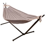 Függőágy fém állvánnyal, textil fekvőfelülettel 210x153 cm, vázzal 247x133x104 cm, fekete és szürke színű