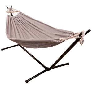 Függőágy fém állvánnyal, textil fekvőfelülettel 210x153 cm, vázzal 247x133x104 cm, fekete és szürke színű