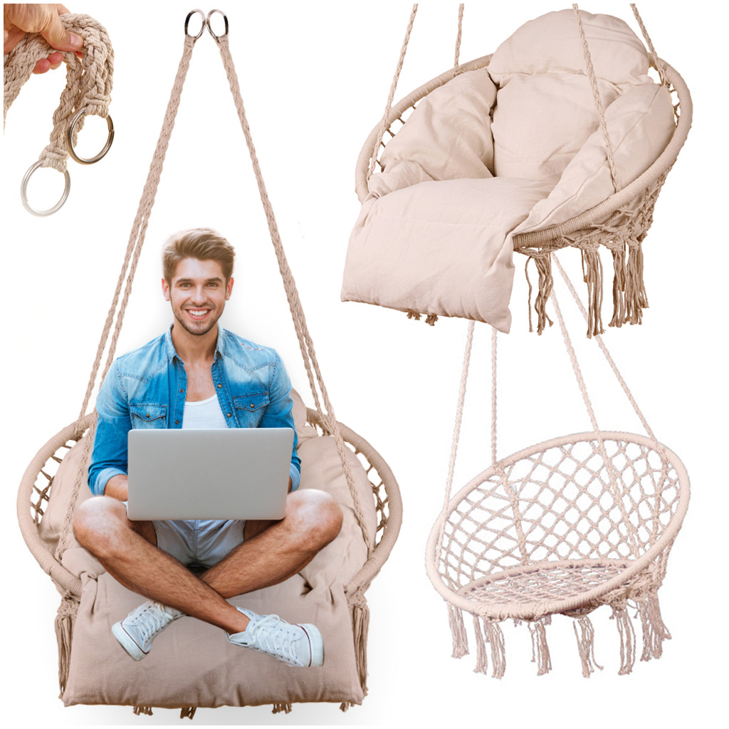 Kerek függő hinta szék Confort Plus párnával, otthonra vagy kertbe, ekrü színű - Image 6