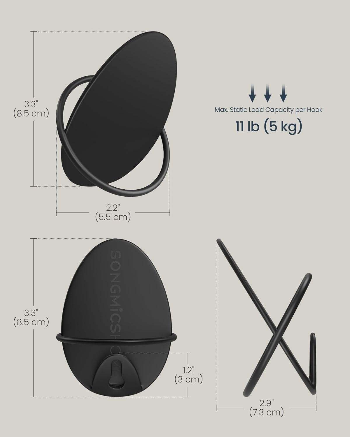 SONGMICS 4 db fali akaszto, ovalis design acelbol, 5 kg akasztonkent, 9x5x7 cm, fekete - Image 3