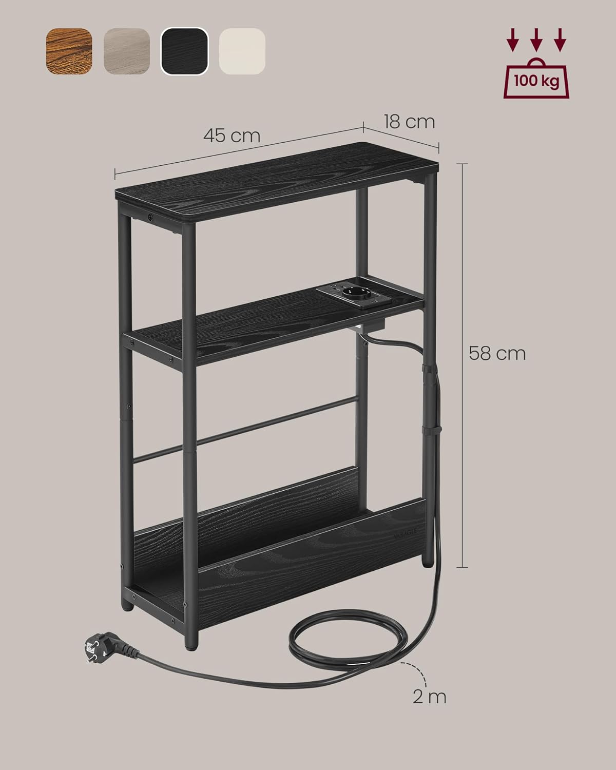VASAGLE keskeny asztalka konnektorral és USB töltőportokkal, 3 polccal, 45x18x58 cm, fekete - Image 2