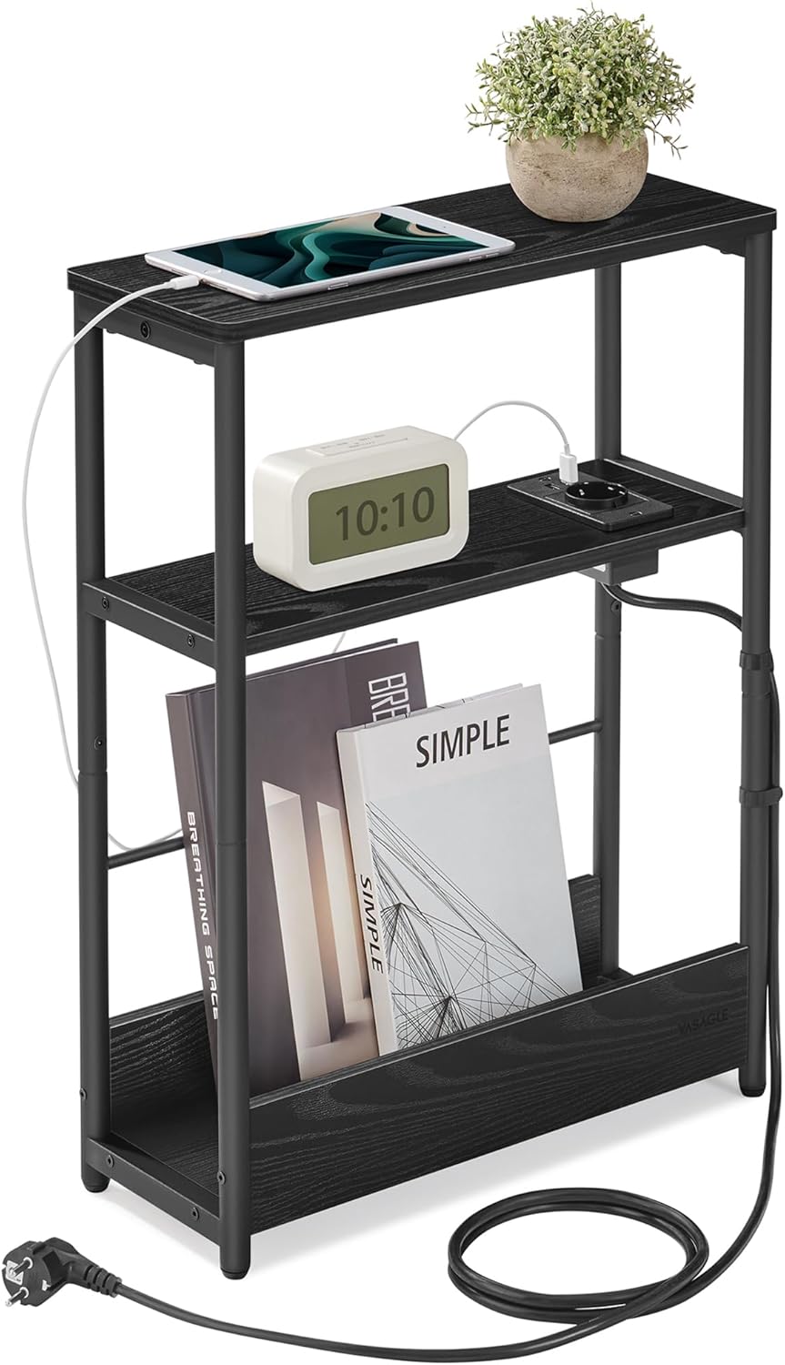 VASAGLE keskeny asztalka konnektorral és USB töltőportokkal, 3 polccal, 45x18x58 cm, fekete - Image 3