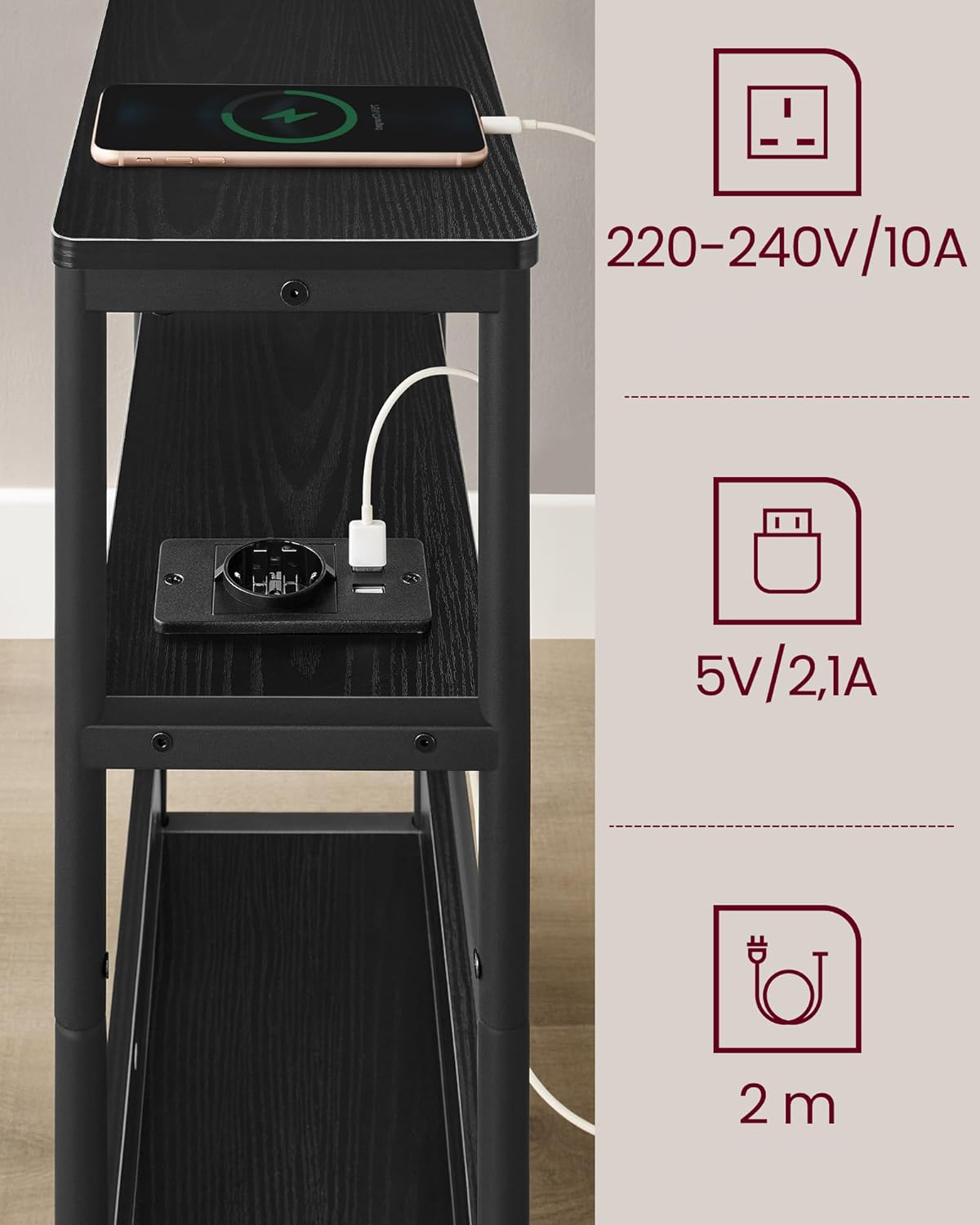 VASAGLE keskeny asztalka konnektorral és USB töltőportokkal, 3 polccal, 45x18x58 cm, fekete - Image 6