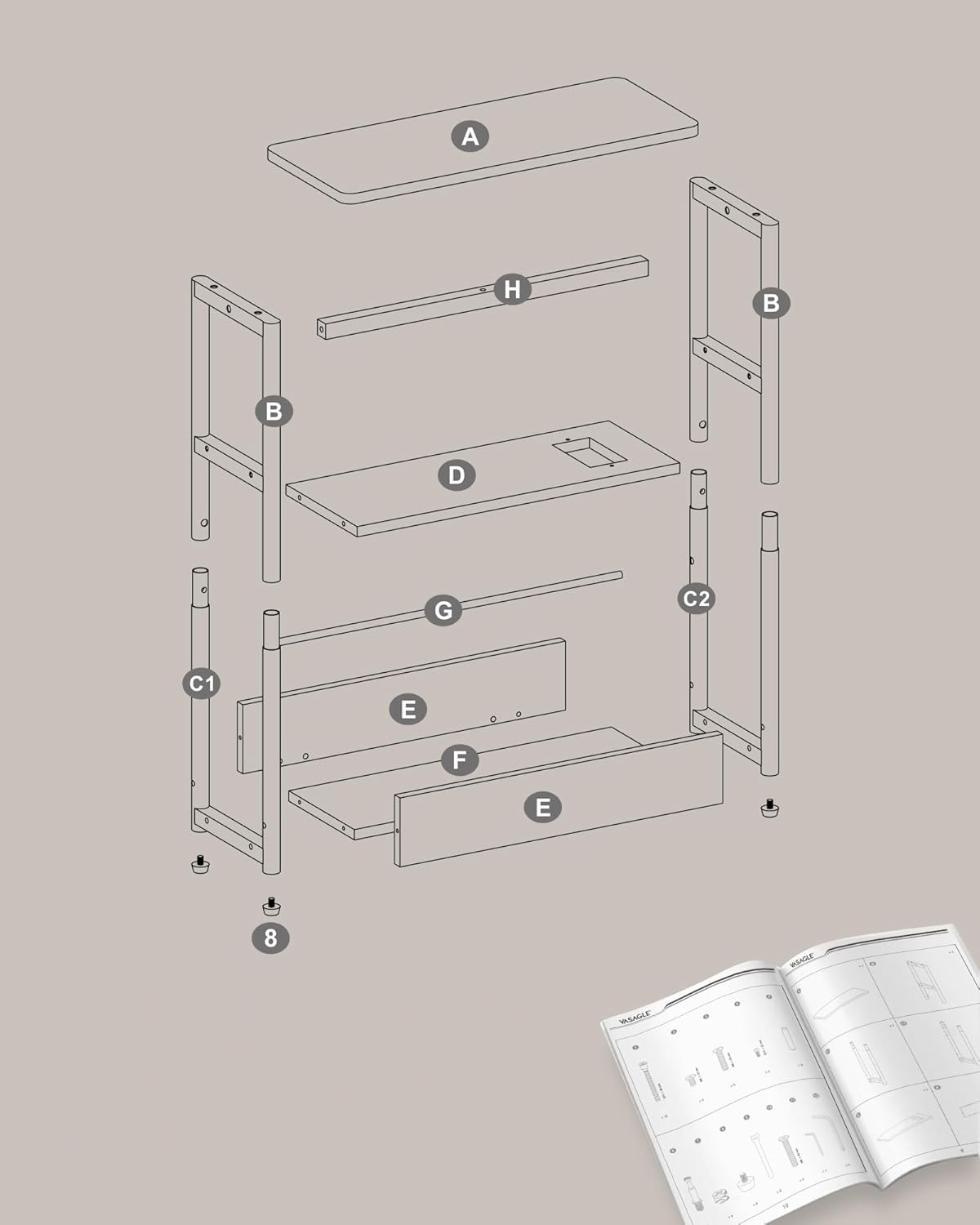 VASAGLE keskeny asztalka konnektorral és USB töltőportokkal, 3 polccal, 45x18x58 cm, fekete - Image 7