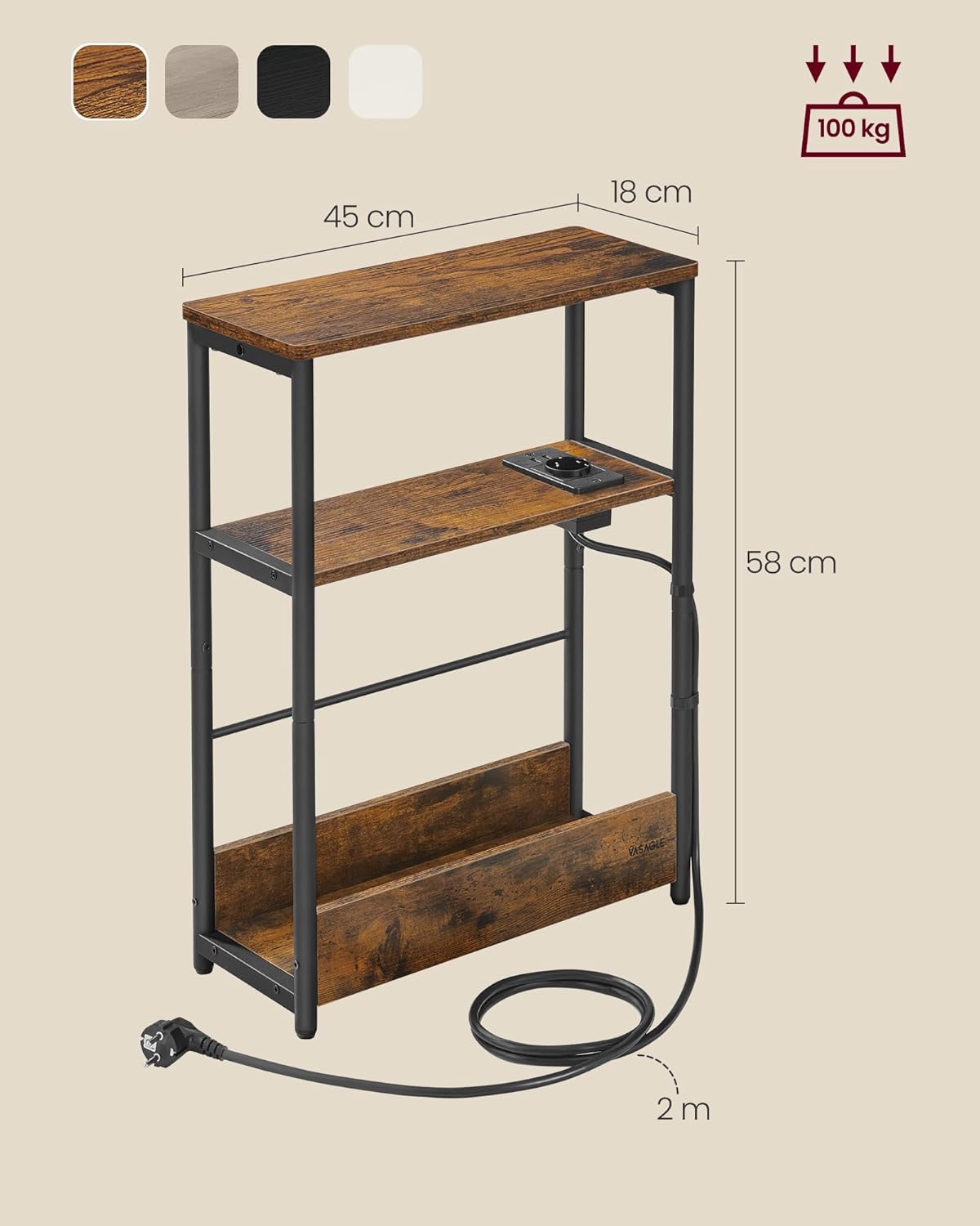 VASAGLE Keskeny asztal konnektorral és USB töltőportokkal, 3 polccal, 45x18x58 cm, rusztikus barna színű - Image 2