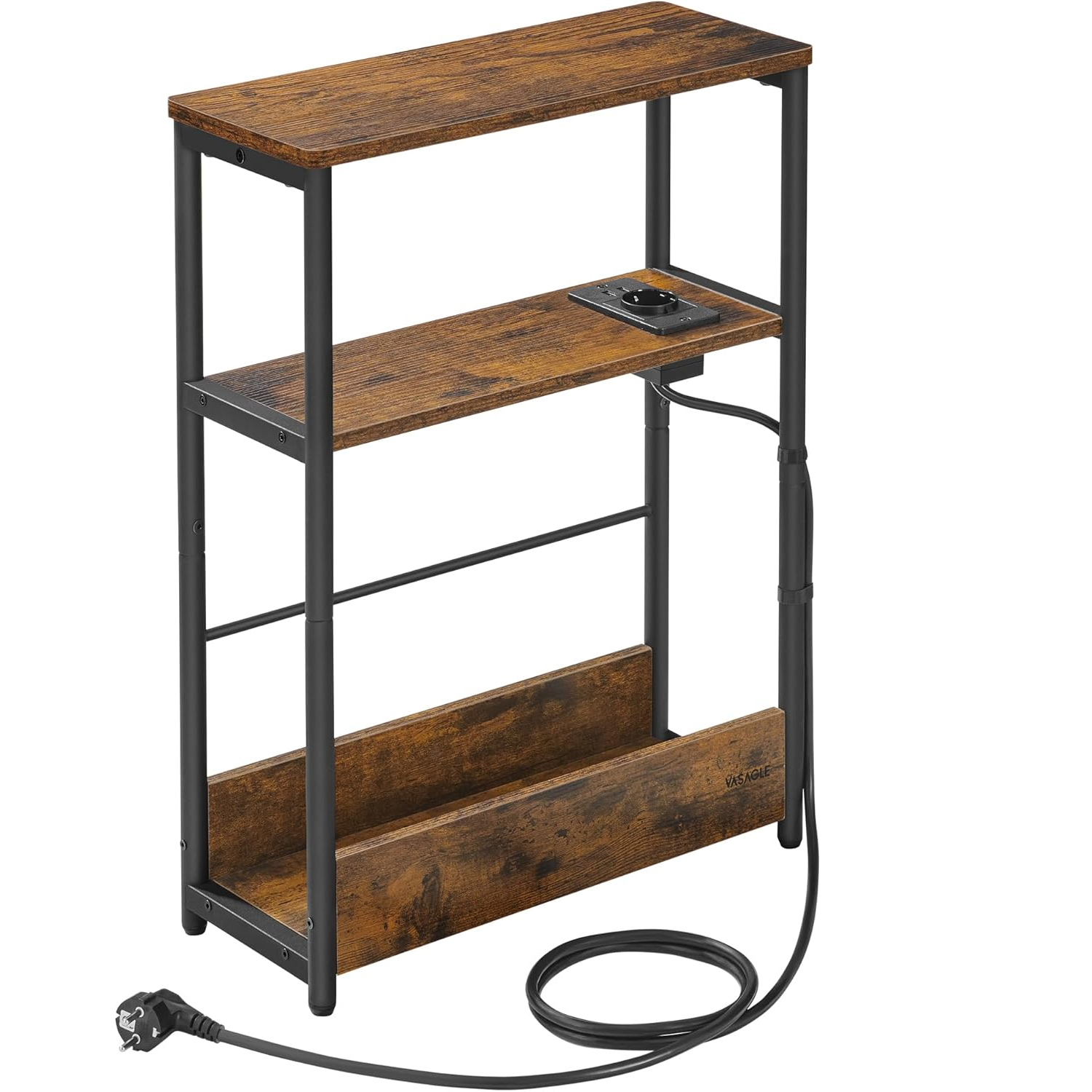 VASAGLE Keskeny asztal konnektorral és USB töltőportokkal, 3 polccal, 45x18x58 cm, rusztikus barna színű