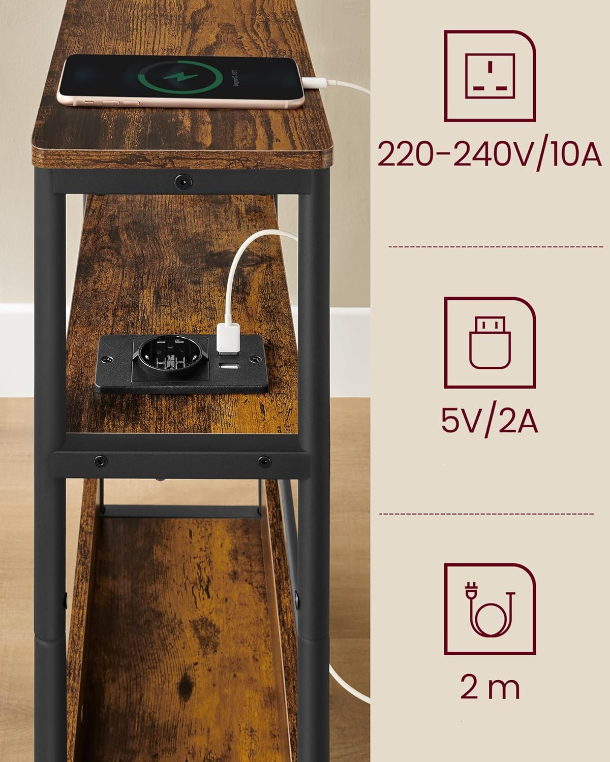VASAGLE Keskeny asztal konnektorral és USB töltőportokkal, 3 polccal, 45x18x58 cm, rusztikus barna színű - Image 5