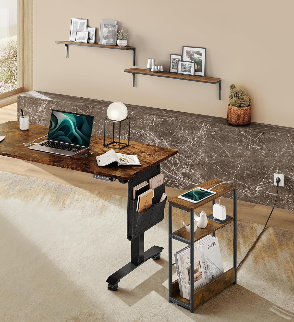 VASAGLE Keskeny asztal konnektorral és USB töltőportokkal, 3 polccal, 45x18x58 cm, rusztikus barna színű - Image 6
