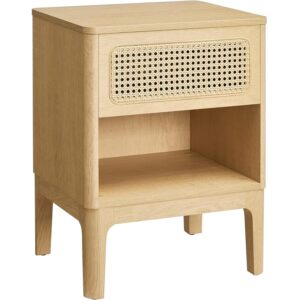 VASAGLE éjjeliszekrény 45×40×60 cm, rattan hatású fiókkal és polccal, boho stílus, forgácslap és MDF, natúr