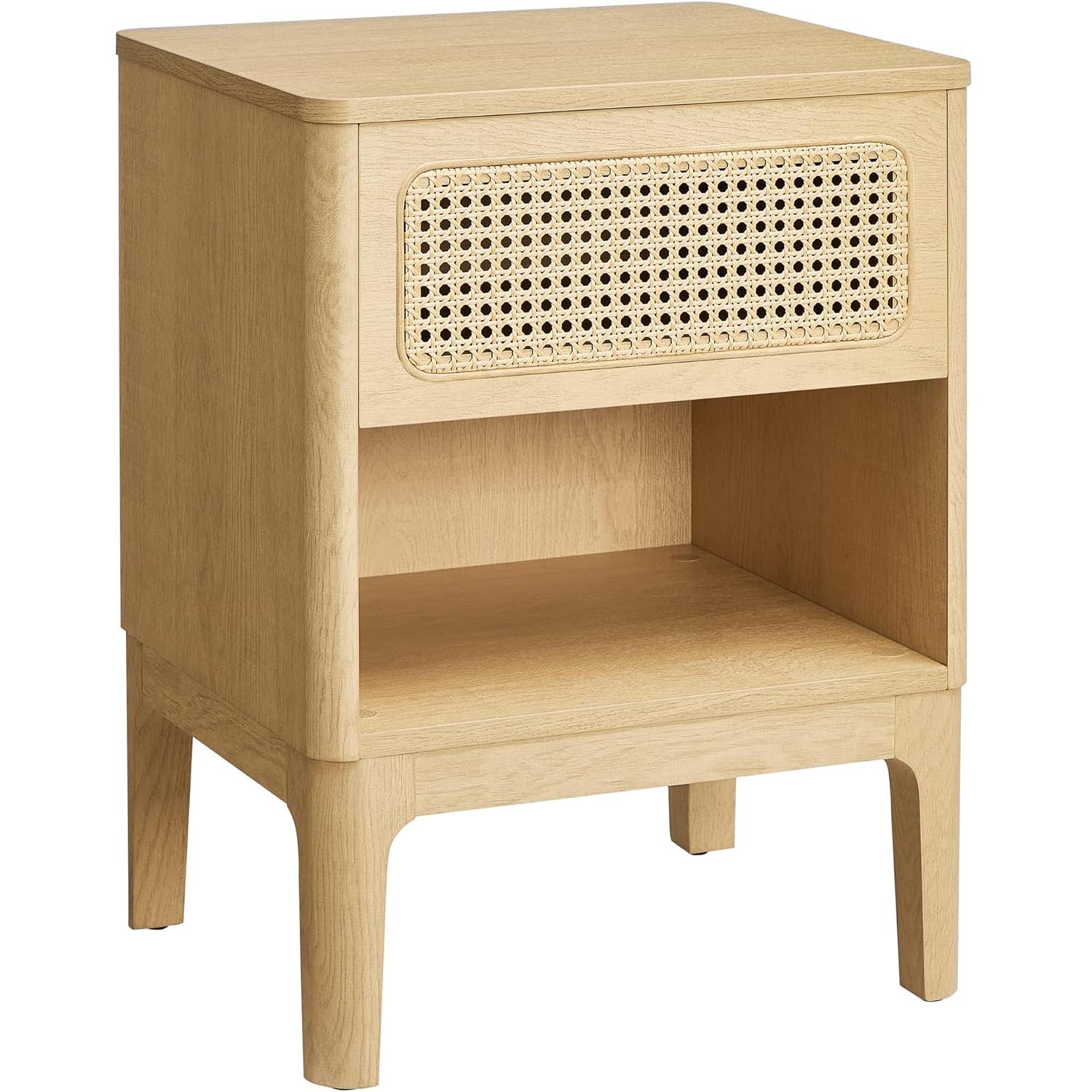 VASAGLE éjjeliszekrény 45×40×60 cm, rattan hatású fiókkal és polccal, boho stílus, forgácslap és MDF, natúr