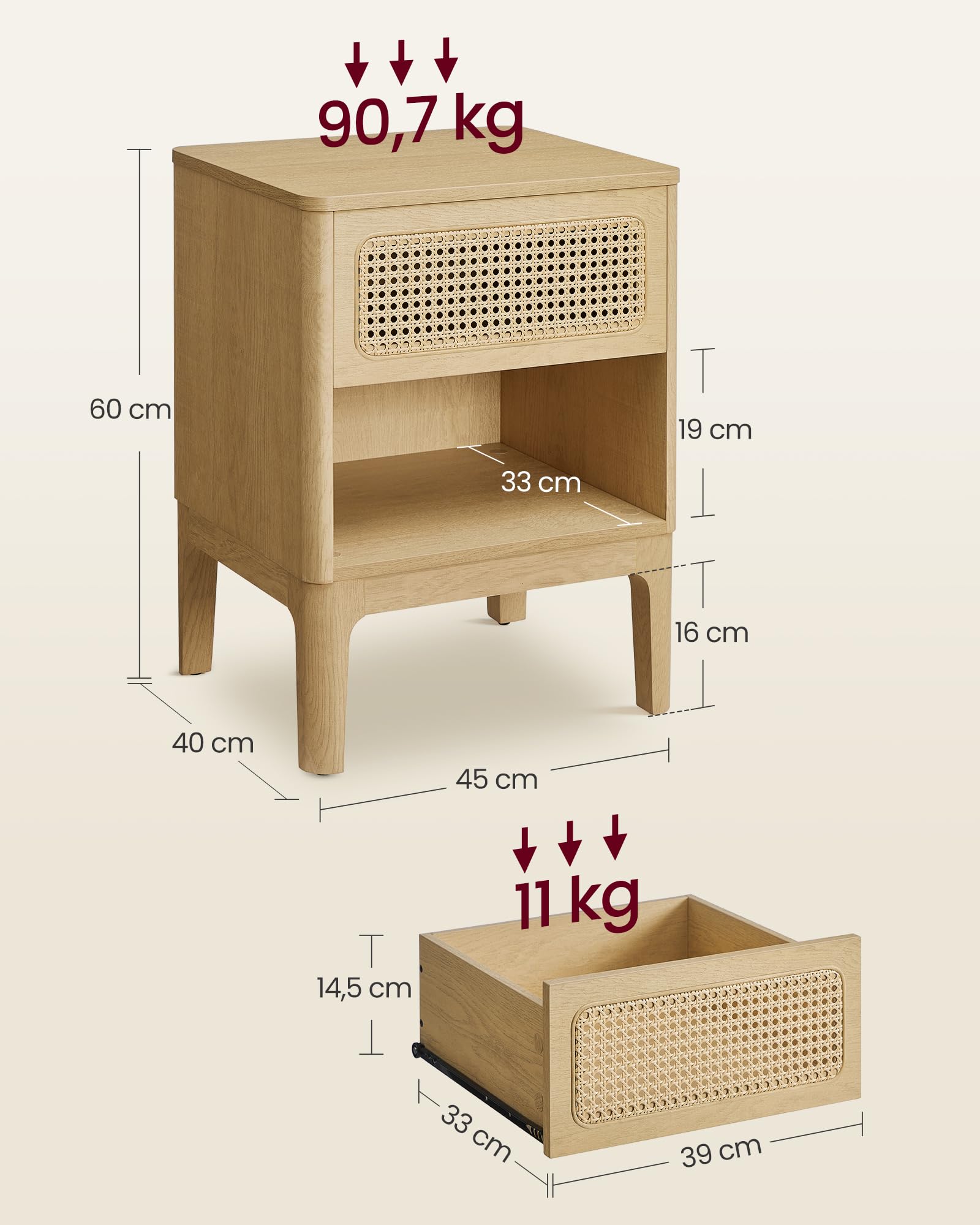 VASAGLE éjjeliszekrény 45×40×60 cm, rattan hatású fiókkal és polccal, boho stílus, forgácslap és MDF, natúr - Image 2
