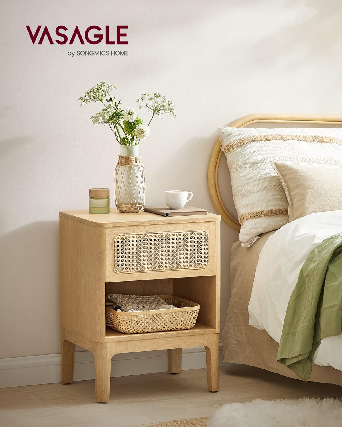 VASAGLE éjjeliszekrény 45×40×60 cm, rattan hatású fiókkal és polccal, boho stílus, forgácslap és MDF, natúr - Image 9