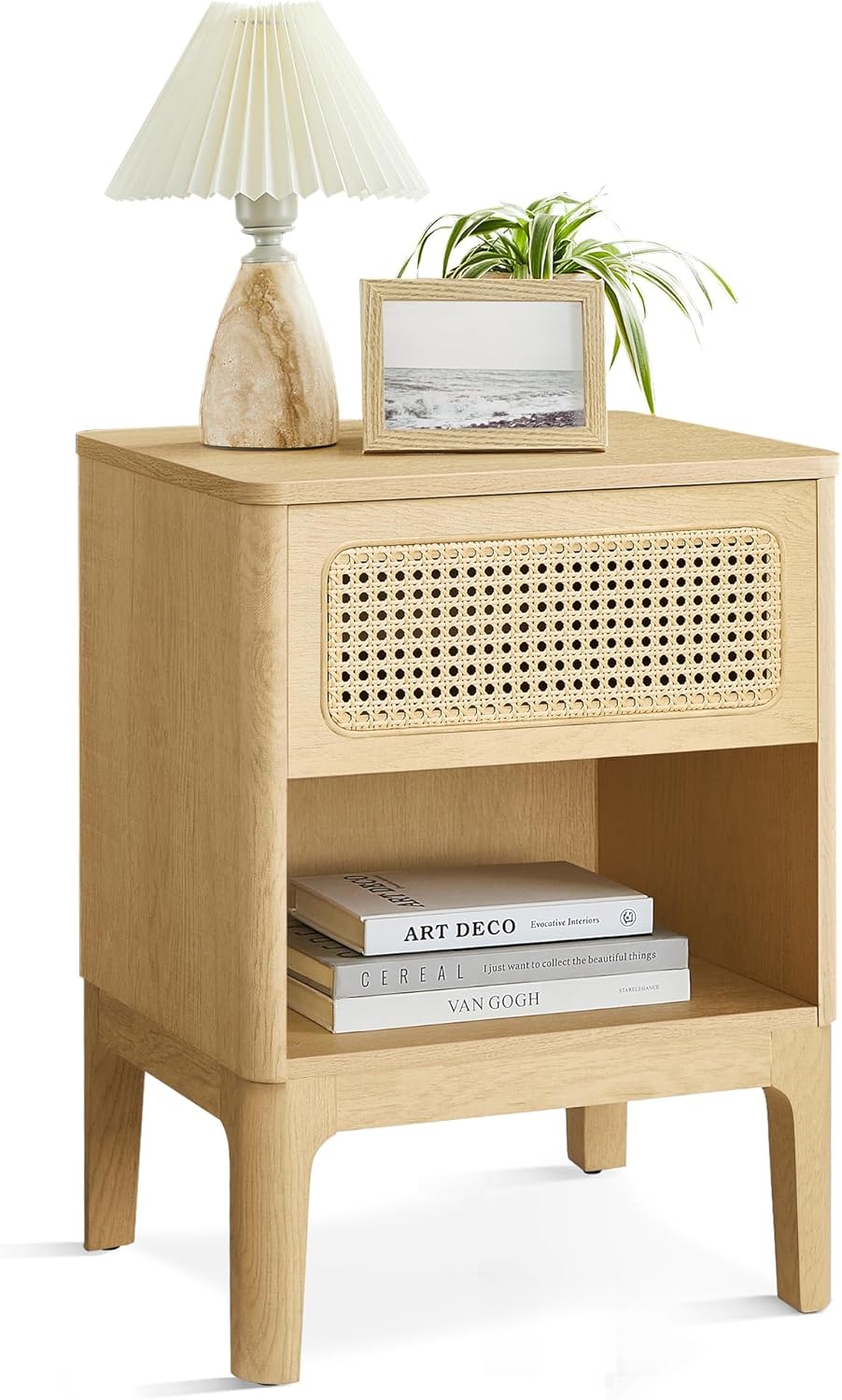VASAGLE éjjeliszekrény 45×40×60 cm, rattan hatású fiókkal és polccal, boho stílus, forgácslap és MDF, natúr - Image 10