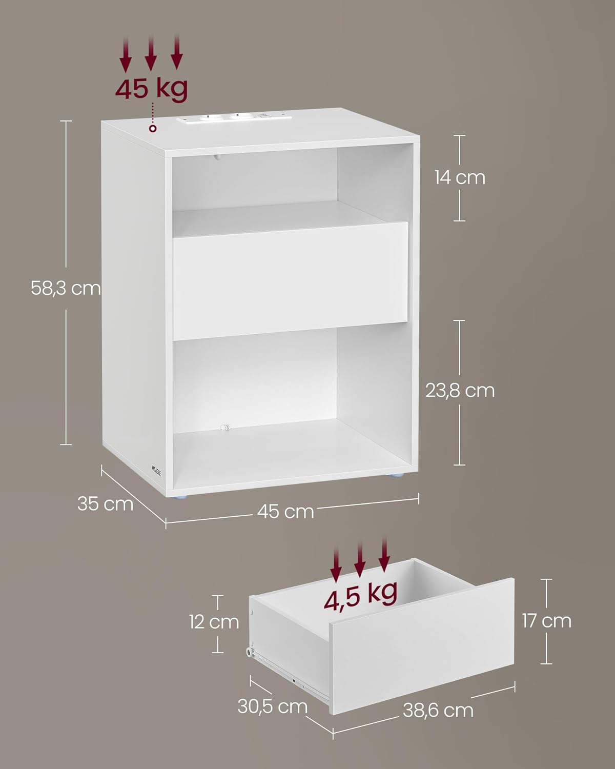 VASAGLE 2 darabos éjjeliszekrény szett USB-portokkal és konnektorokkal, fiókkal és nyitott polcokkal, 45x35x58 cm, matt fehér - Image 3