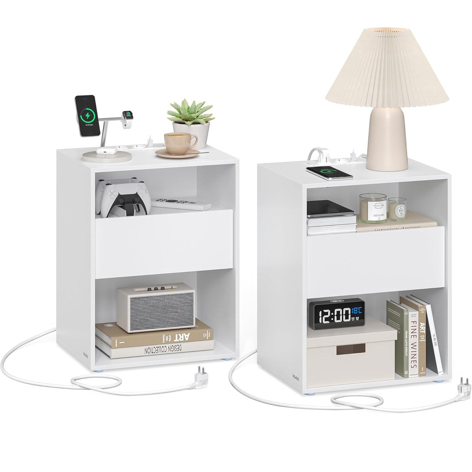 VASAGLE 2 darabos éjjeliszekrény szett USB-portokkal és konnektorokkal, fiókkal és nyitott polcokkal, 45x35x58 cm, matt fehér - Image 2