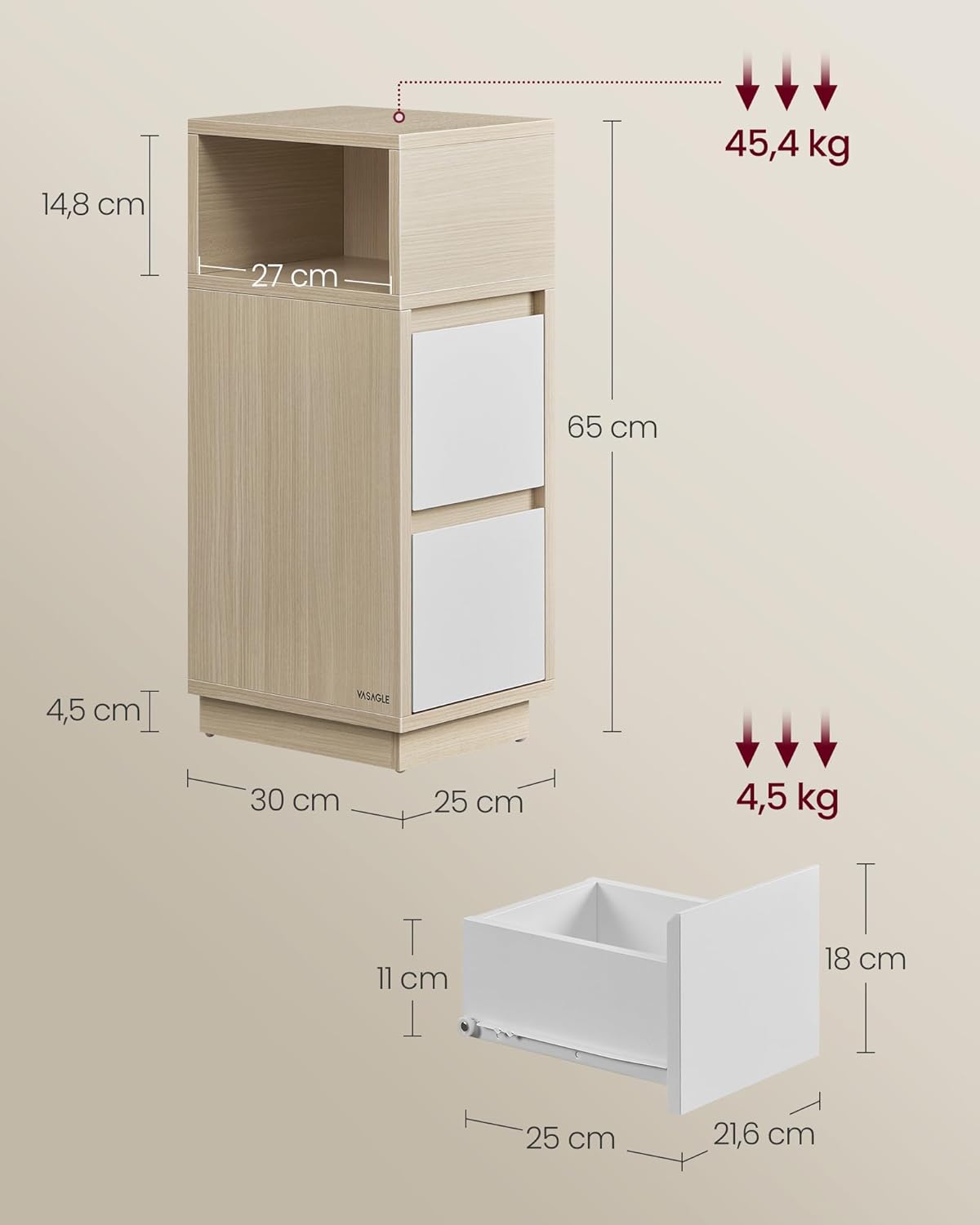 VASAGLE 2 darab keskeny éjjeliszekrény szett, 2 fiókkal és nyitott rekesszel, forgácslap és MDF, 30x25x65 cm, bézs és fehér - Image 3
