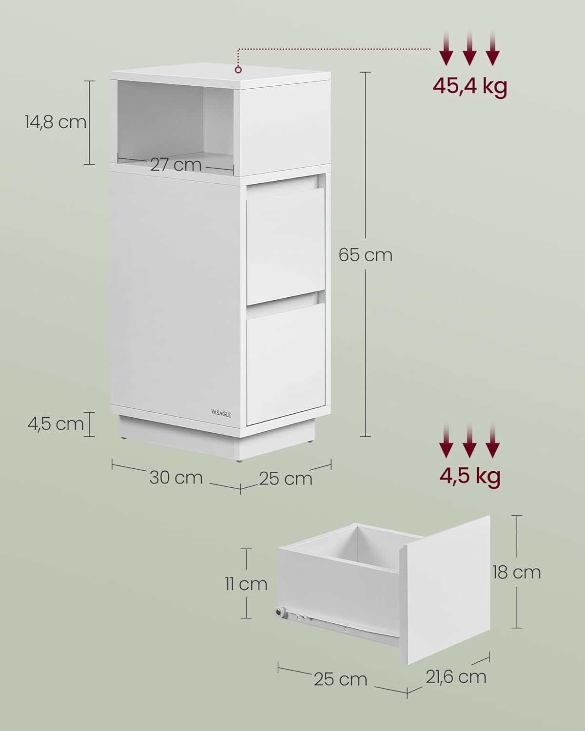 VASAGLE 2 db keskeny ejjeliszekreny 2 fiokkal es megfordithato nyitott rekesszel, PAL es MDF, 30x25x65 cm, feher - Image 2