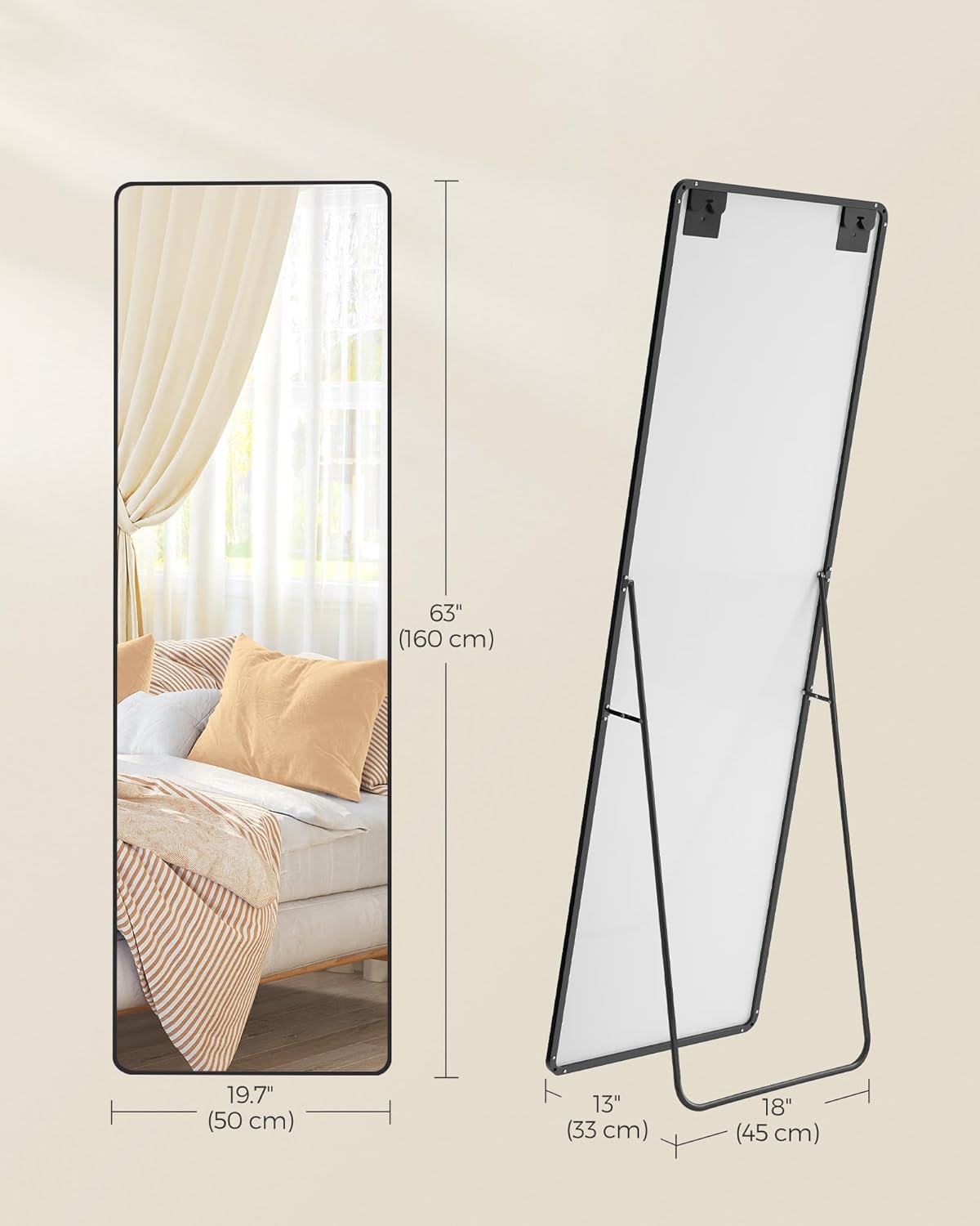 SONGMICS álló tükör 160 × 50 cm, edzett üveg, alumínium keret, fekete - Image 3