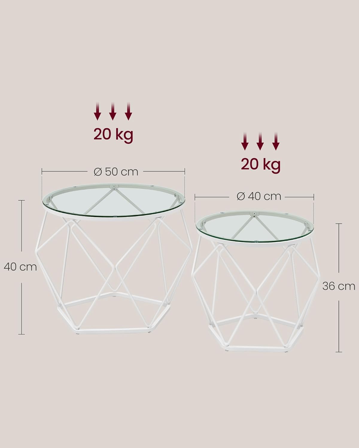 VASAGLE 2 darabos kerek asztalka szett, edzett uveg asztallappal, feher fem vazzal, 40 es 50 cm, feher - Image 2