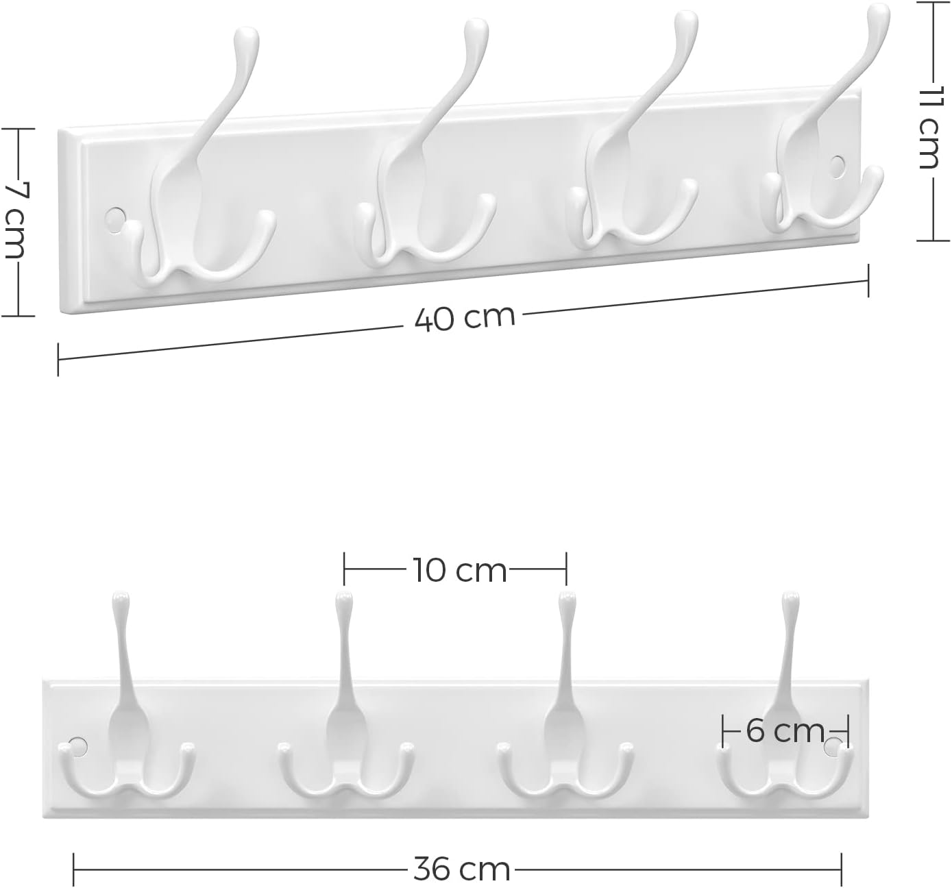 SONGMICS fali fogas 4 hármas akasztóval, MDF és cinkötvözet, 40x11 cm, fehér - Image 2