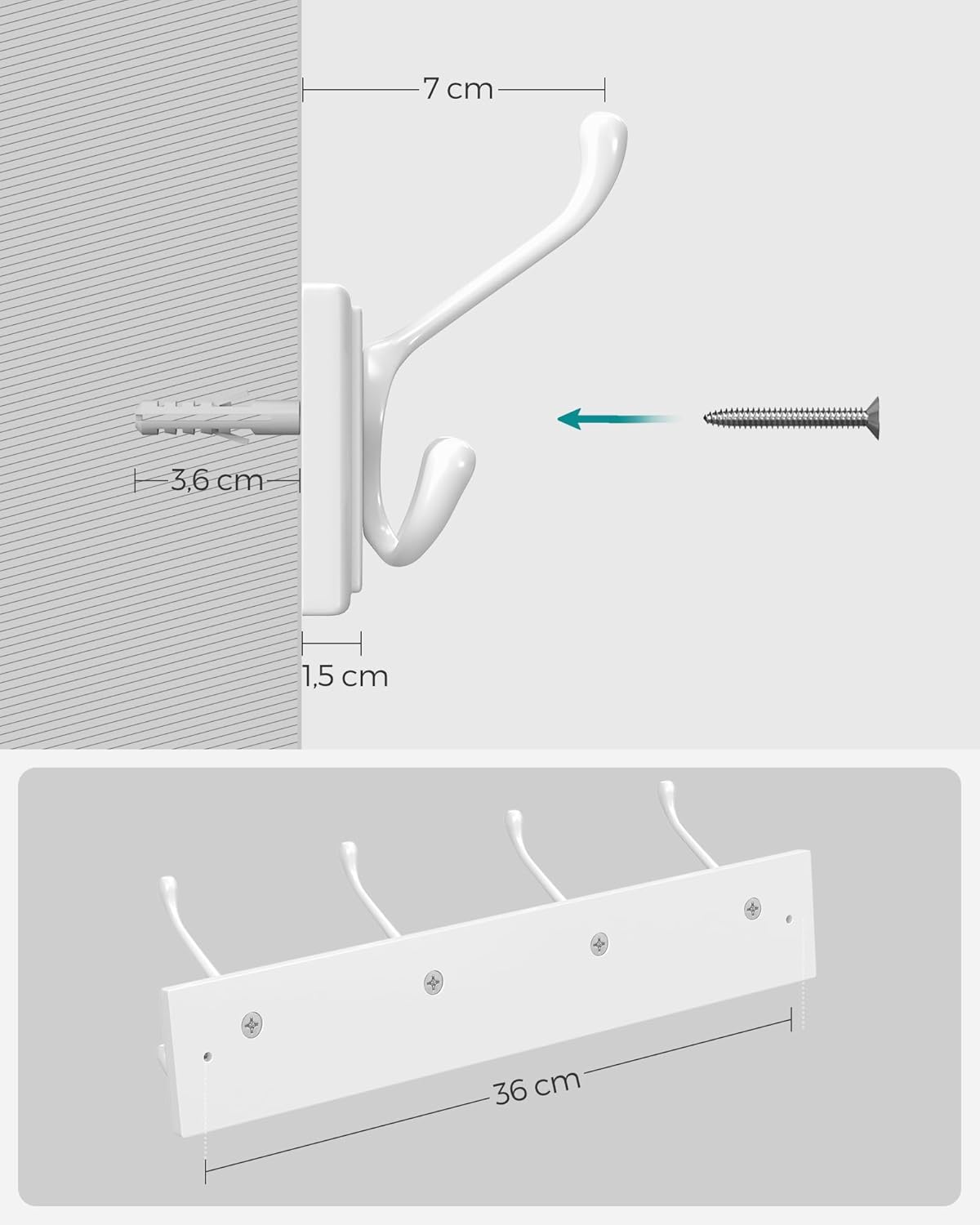 SONGMICS fali fogas 4 hármas akasztóval, MDF és cinkötvözet, 40x11 cm, fehér - Image 4