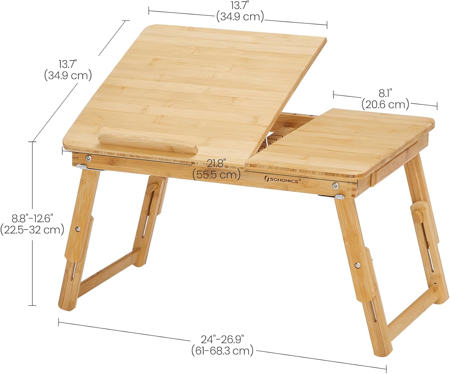 SONGMICS laptop- vagy reggelizőasztal, bambuszból, állítható magassággal és dőlésszöggel, oldalsó fiókkal, 68x35x22–32 cm, natúr - Image 2