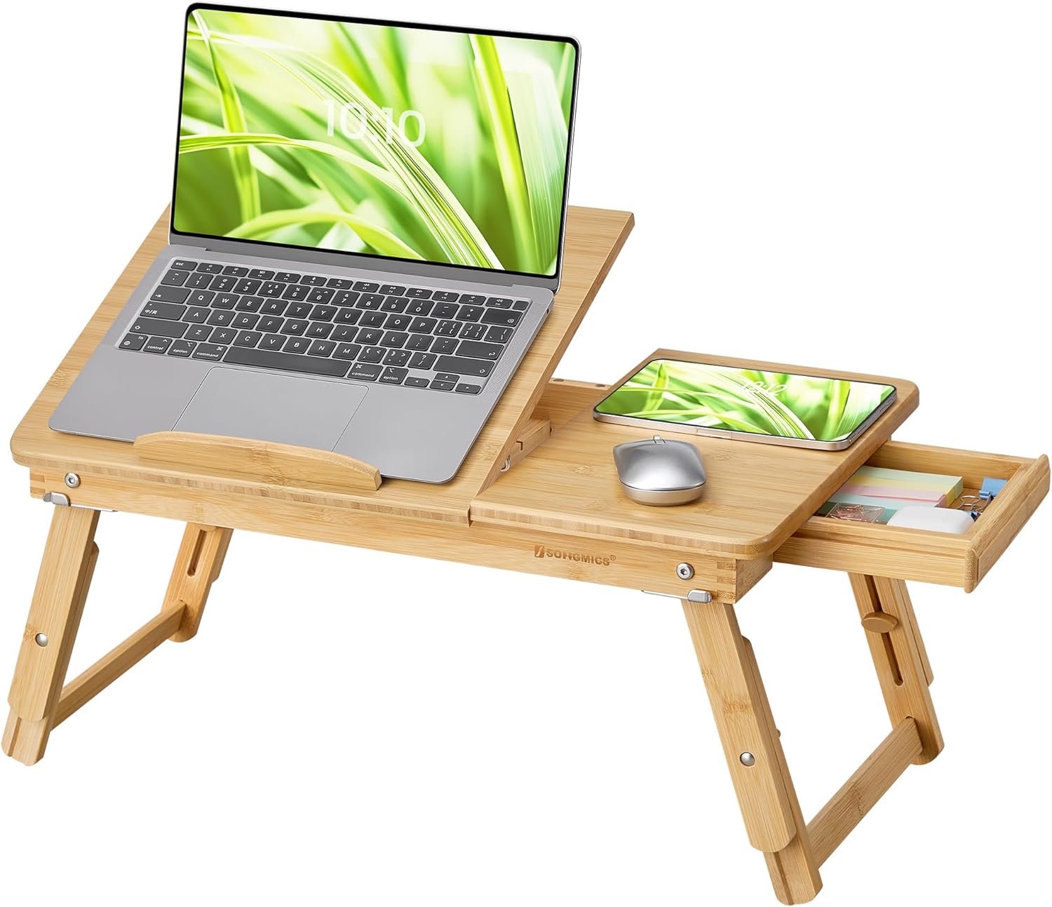 SONGMICS laptop- vagy reggelizőasztal, bambuszból, állítható magassággal és dőlésszöggel, oldalsó fiókkal, 68x35x22–32 cm, natúr - Image 3