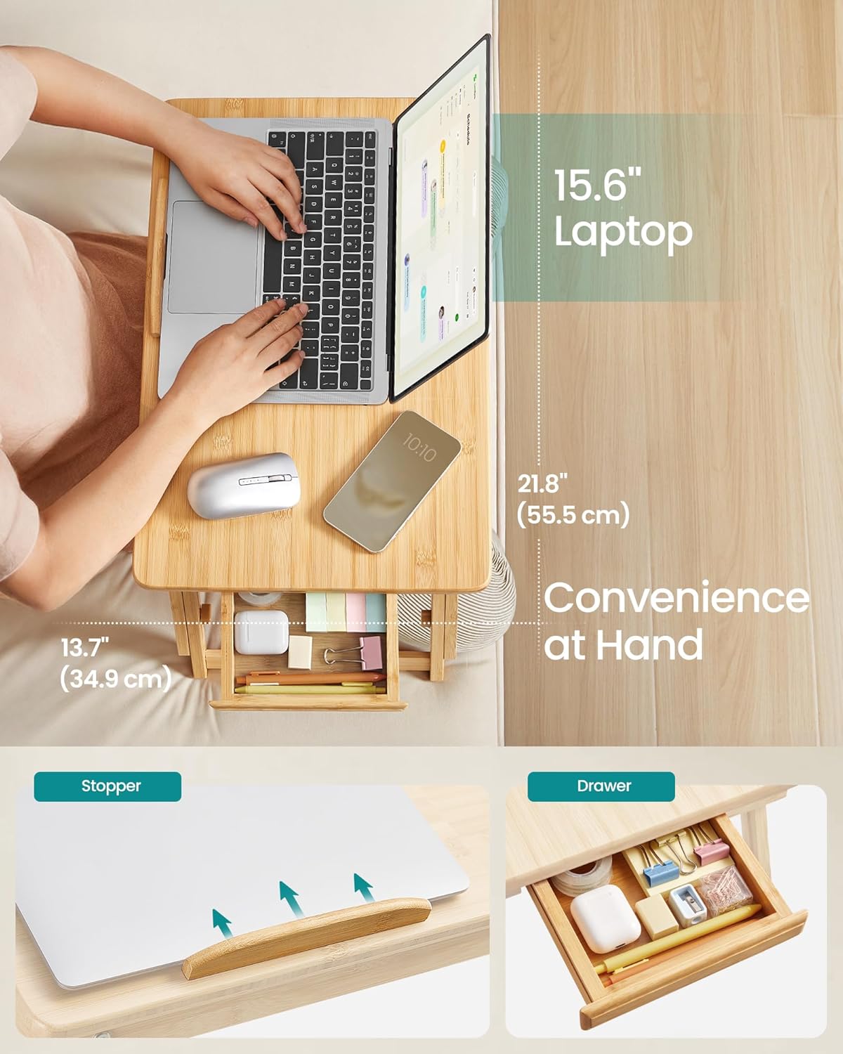 SONGMICS laptop- vagy reggelizőasztal, bambuszból, állítható magassággal és dőlésszöggel, oldalsó fiókkal, 68x35x22–32 cm, natúr - Image 5