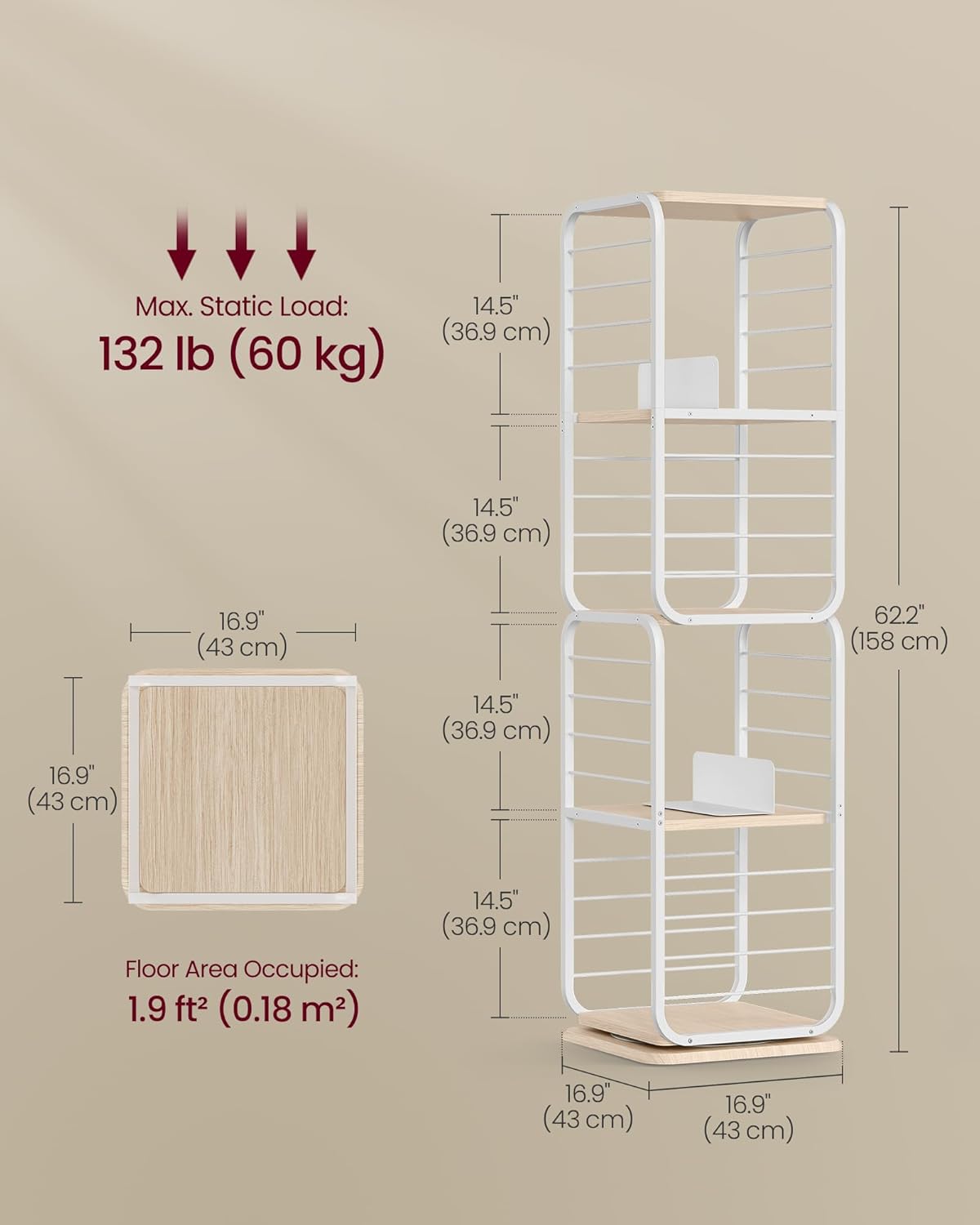 VASAGLE 360 fokban forgatható könyvespolc, fémvázzal, 5 MDF polccal, 43 x 43 x 158 cm, fehér - Image 5