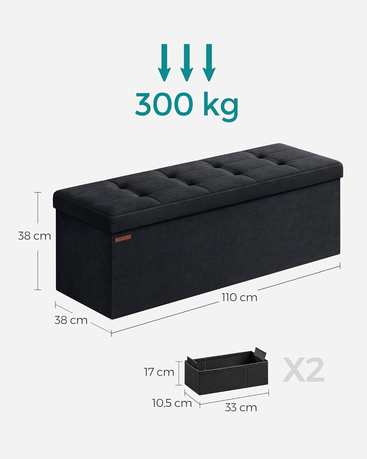 SONGMICS összecsukható tárolópad, steppelt bársony, 38x110x38 cm, 300 kg teherbírás, fekete - Image 2