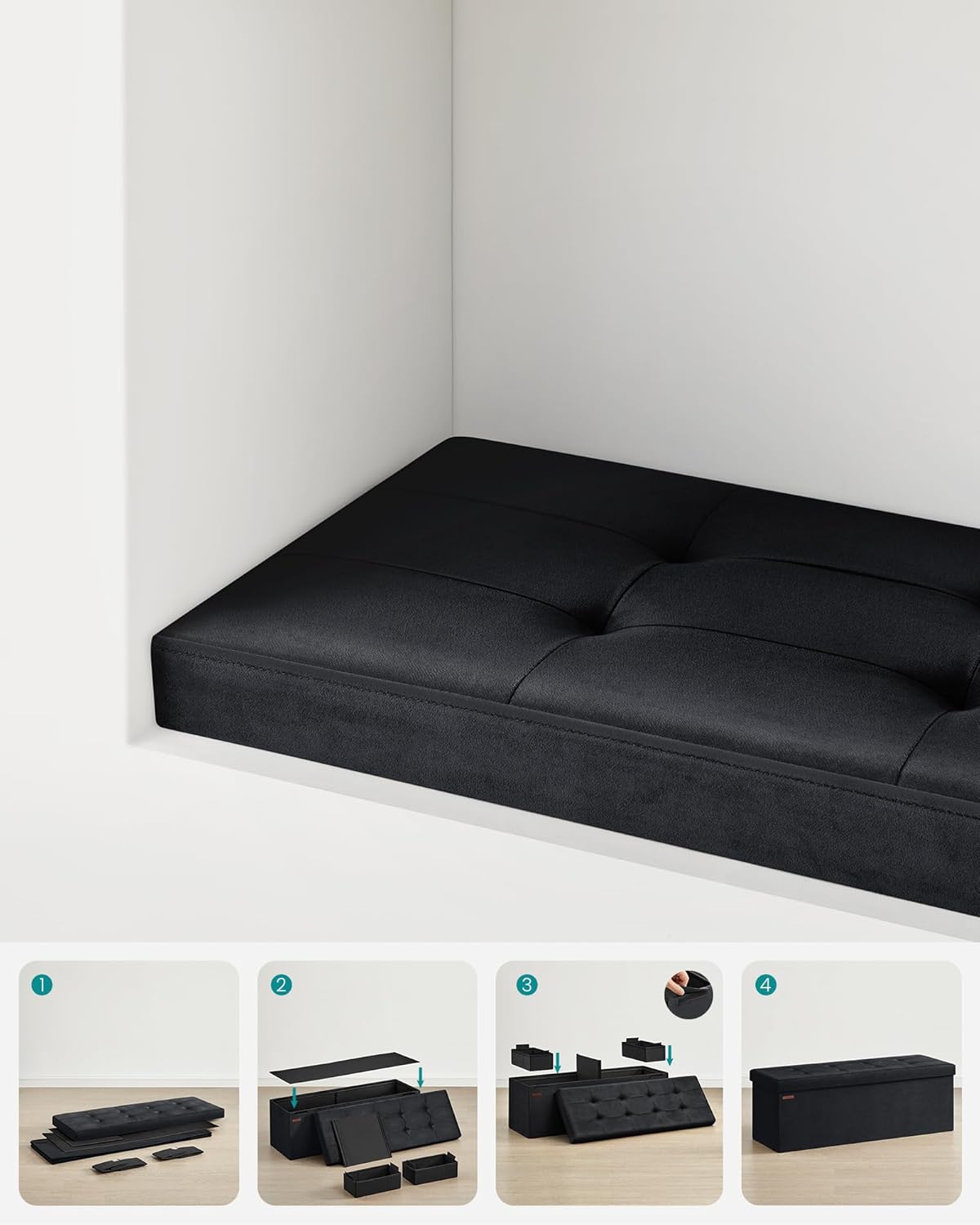 SONGMICS összecsukható tárolópad, steppelt bársony, 38x110x38 cm, 300 kg teherbírás, fekete - Image 3