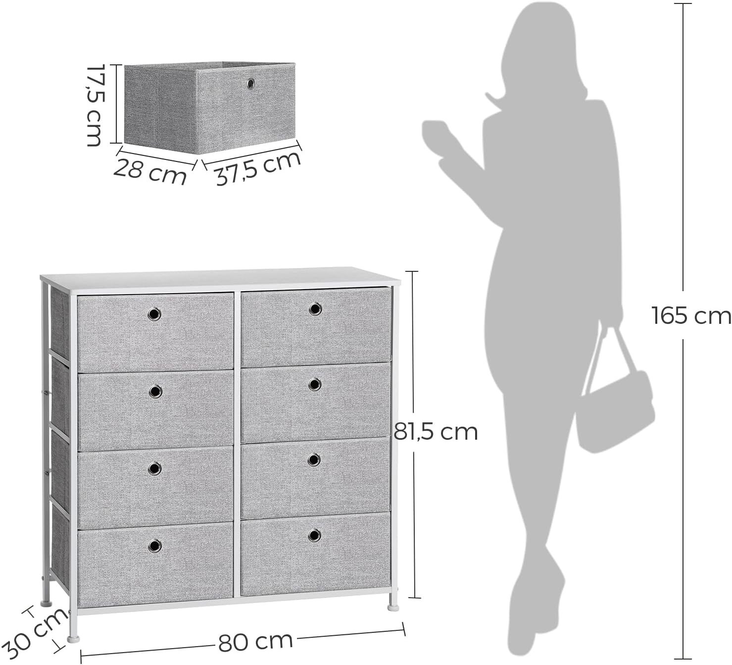 SONGMICS komód 8 textil fiókkal, fém vázzal és MDF lappal, 80x30x81 cm, szürke és fehér - Image 2