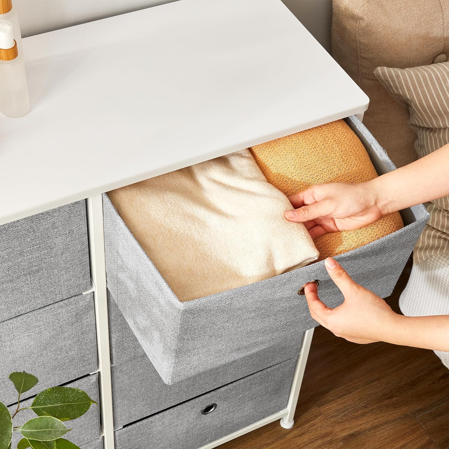 SONGMICS komód 8 textil fiókkal, fém vázzal és MDF lappal, 80x30x81 cm, szürke és fehér - Image 6