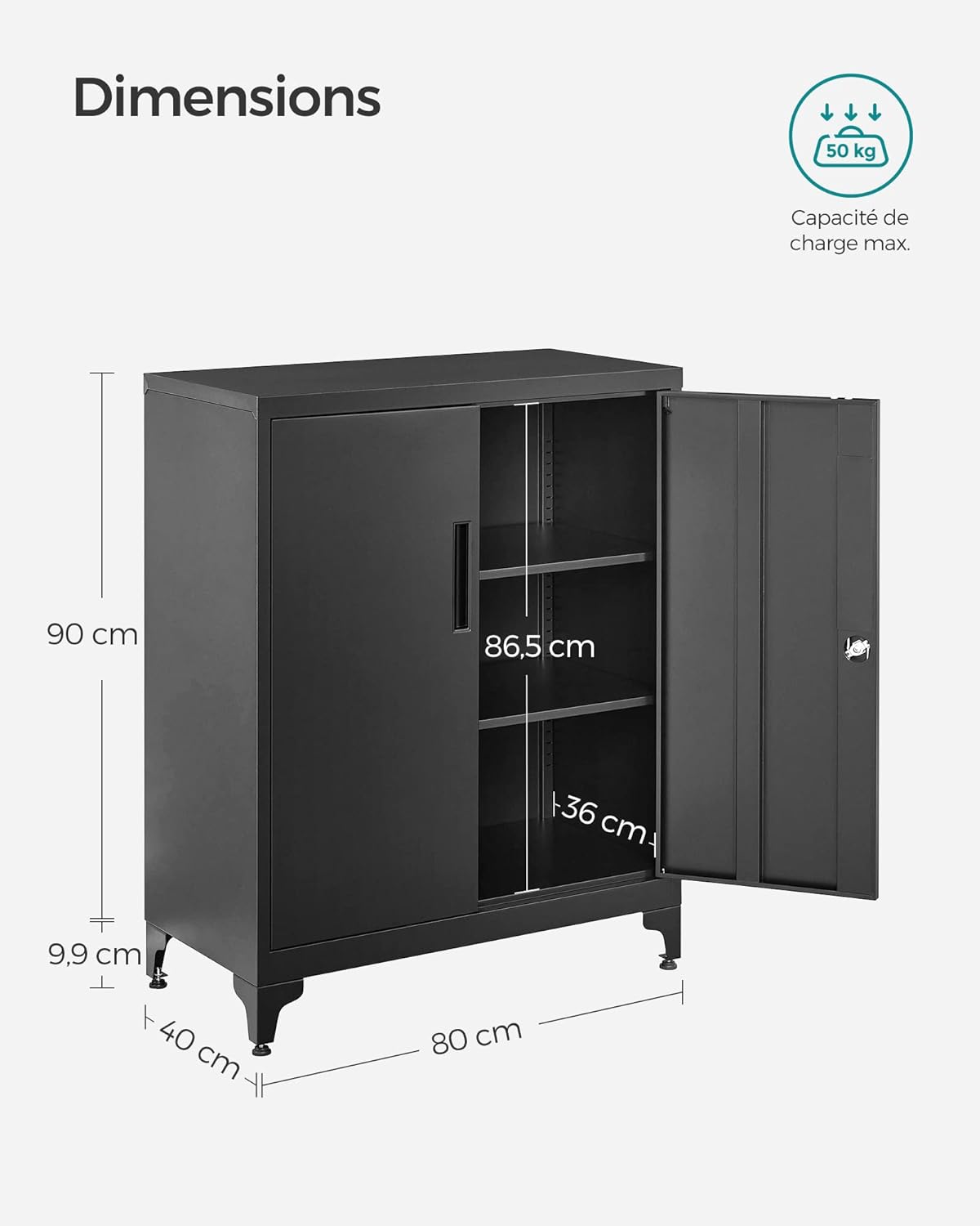 SONGMICS fém irodai szekrény 2 ajtóval és zárható rendszerrel, többfunkciós állítható polcokkal, 40x80x90 cm, fekete - Image 3