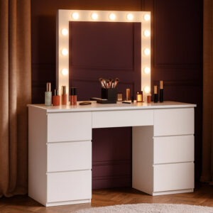 Sminkasztal és toalettasztal LED tükörrel és 7 fiókkal, 132x43x152 cm, fehér