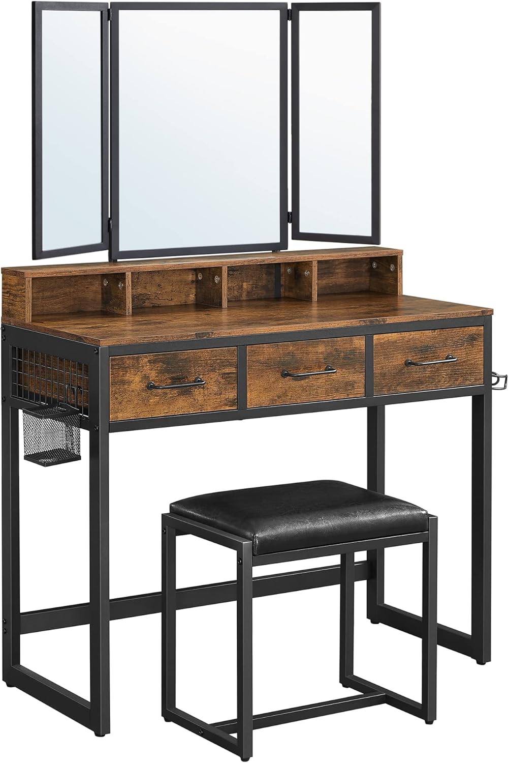 VASAGLE fésülködőasztal 90×40×141 cm, 3 fiókkal, háromrészes tükörrel és taburettel, fa és acél, rusztikus barna és fekete - Image 9