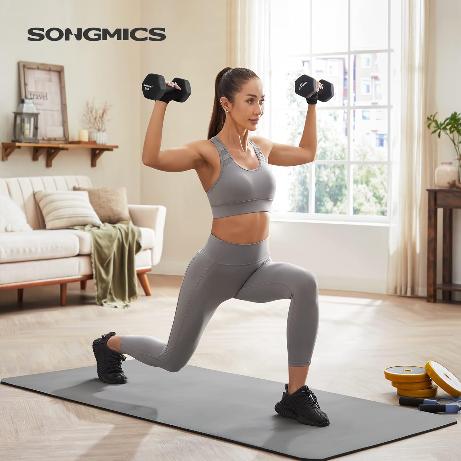 SONGMICS hatszogletu kezisulyzo szett 2x5 kg, ontottvas neoprén bevonattal, ergonomikus csuszasmentes markolat, fekete - Image 2