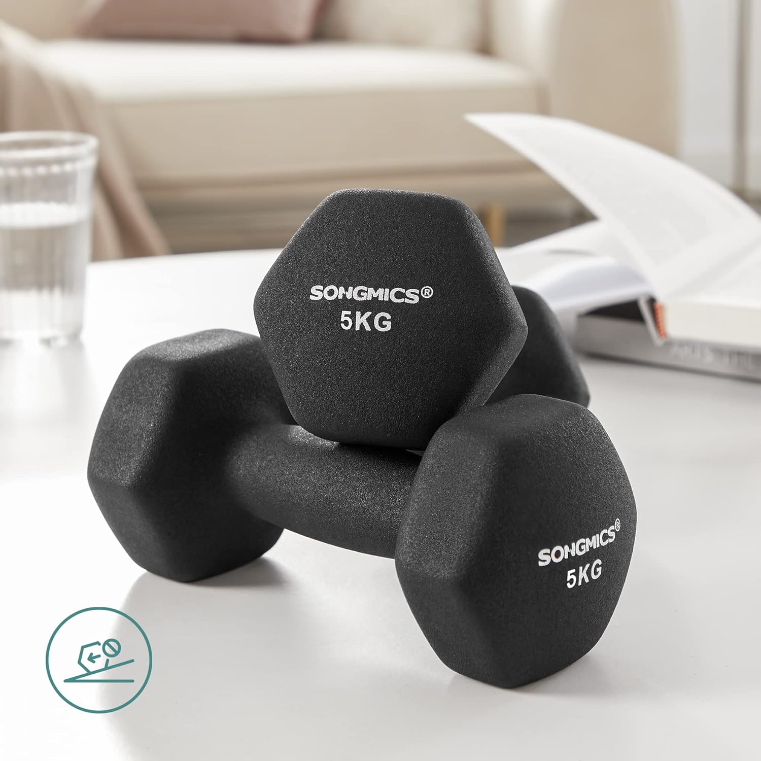 SONGMICS hatszogletu kezisulyzo szett 2x5 kg, ontottvas neoprén bevonattal, ergonomikus csuszasmentes markolat, fekete - Image 4