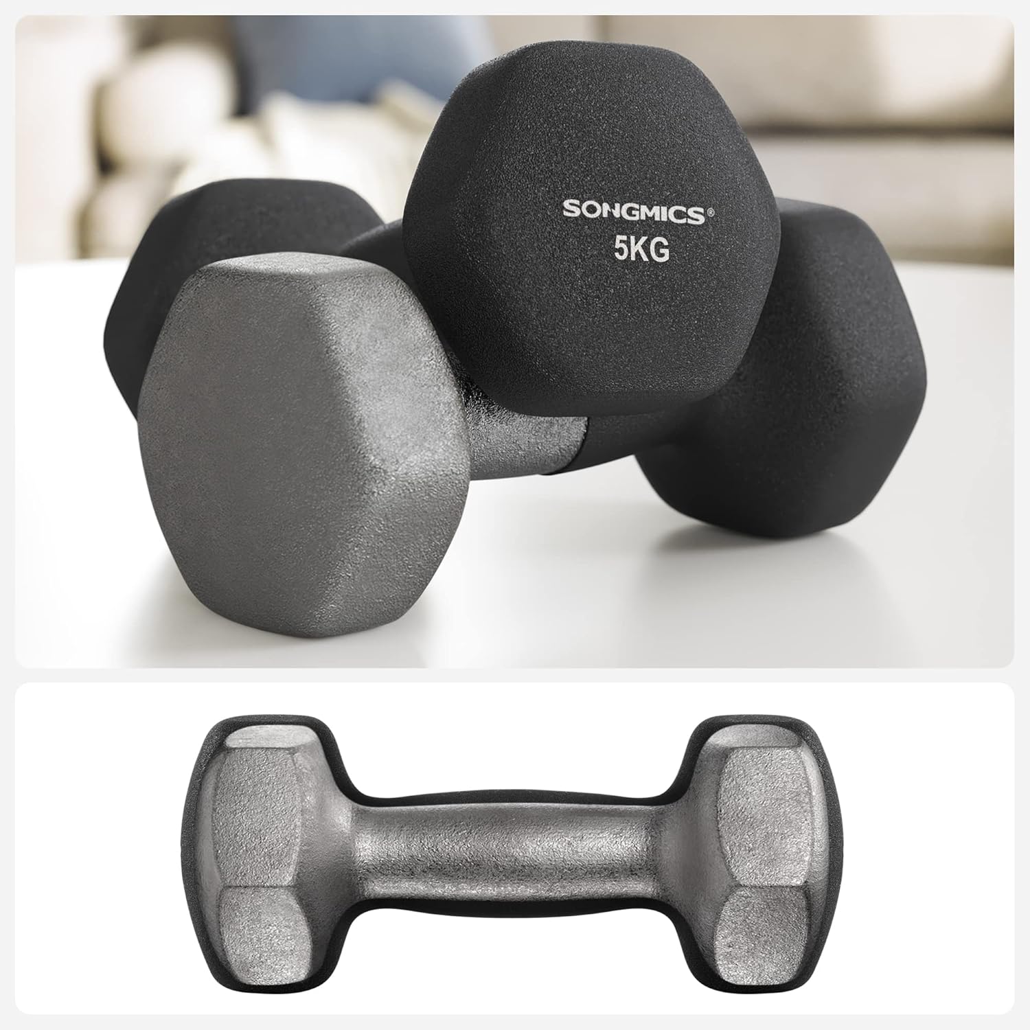 SONGMICS hatszogletu kezisulyzo szett 2x5 kg, ontottvas neoprén bevonattal, ergonomikus csuszasmentes markolat, fekete - Image 6