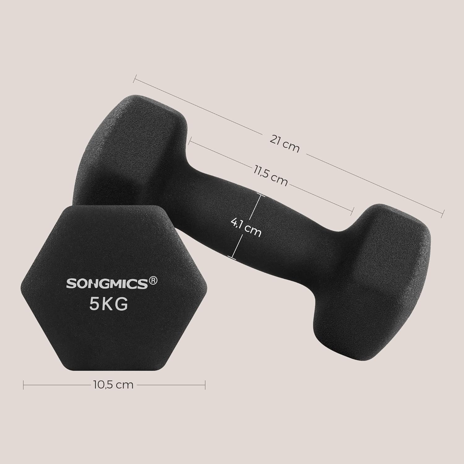 SONGMICS hatszogletu kezisulyzo szett 2x5 kg, ontottvas neoprén bevonattal, ergonomikus csuszasmentes markolat, fekete - Image 7