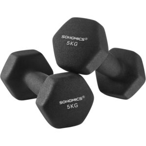 SONGMICS hatszogletu kezisulyzo szett 2x5 kg, ontottvas neoprén bevonattal, ergonomikus csuszasmentes markolat, fekete