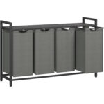 VASAGLE Szennyestartó 4x40 l, levehető zsákokkal, felső polccal és fémvázzal, 116x33x72 cm, fekete és szürke színű