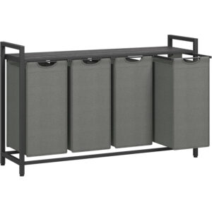 VASAGLE Szennyestartó 4x40 l, levehető zsákokkal, felső polccal és fémvázzal, 116x33x72 cm, fekete és szürke színű