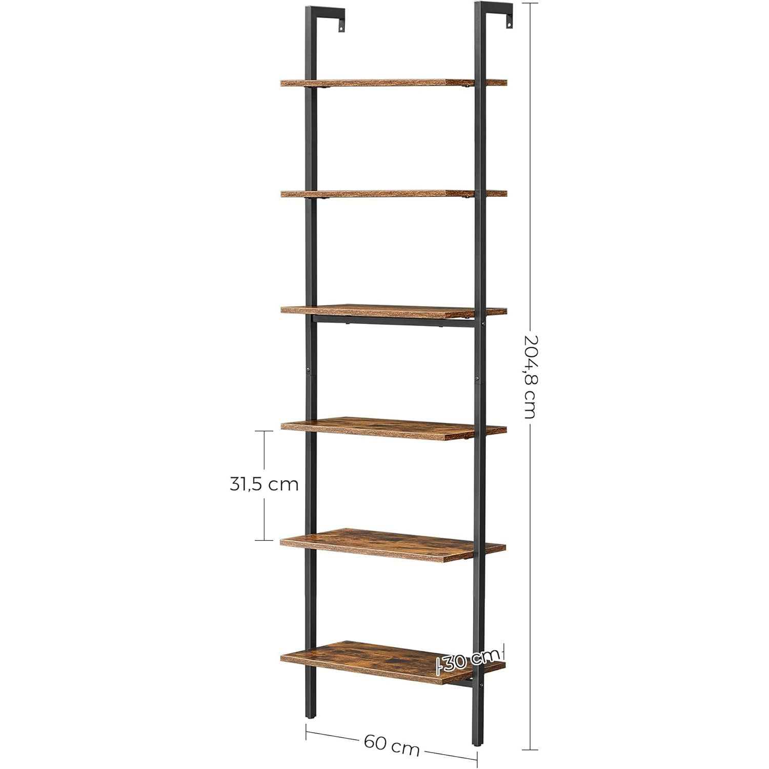 VASAGLE létra kialakítású polc 6 polccal, forgácslap és fém váz, 60x30x205 cm, rusztikus barna - Image 9