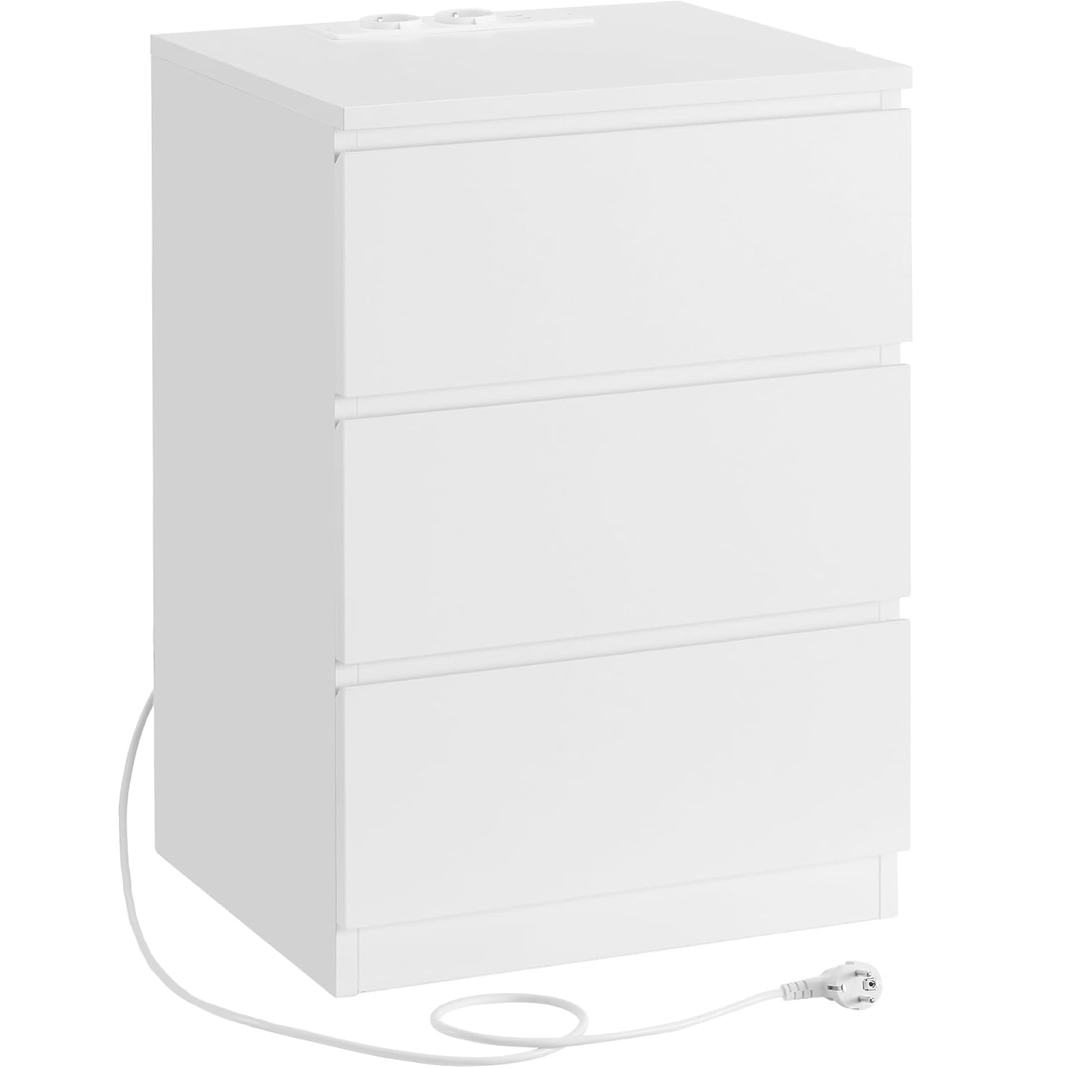 VASAGLE éjjeliszekrény 3 fiókkal, forgácslapból, 2 konnektorral és 2 USB-porttal, 40x35x59 cm, fehér