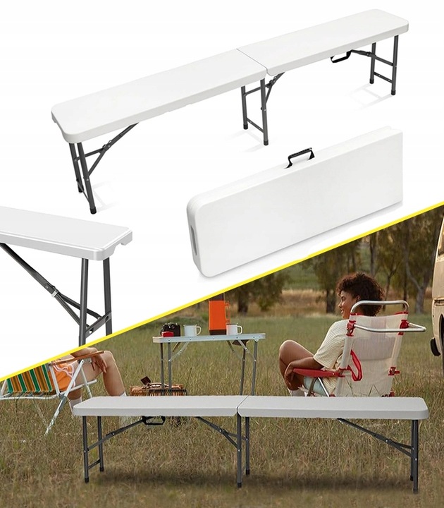 Összecsukható pad rendezvényekhez és cateringhez, 183x28x43 cm, HDPE és acél, fehér - Image 8