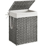 SONGMICS szennyestartó kosár fedéllel, szintetikus rattanból, kivehető zsákkal, 90 L, 46x33x60 cm, szürke