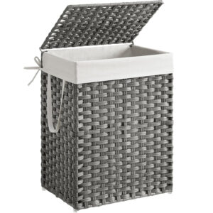 SONGMICS szennyestartó kosár fedéllel, szintetikus rattanból, kivehető zsákkal, 90 L, 46x33x60 cm, szürke