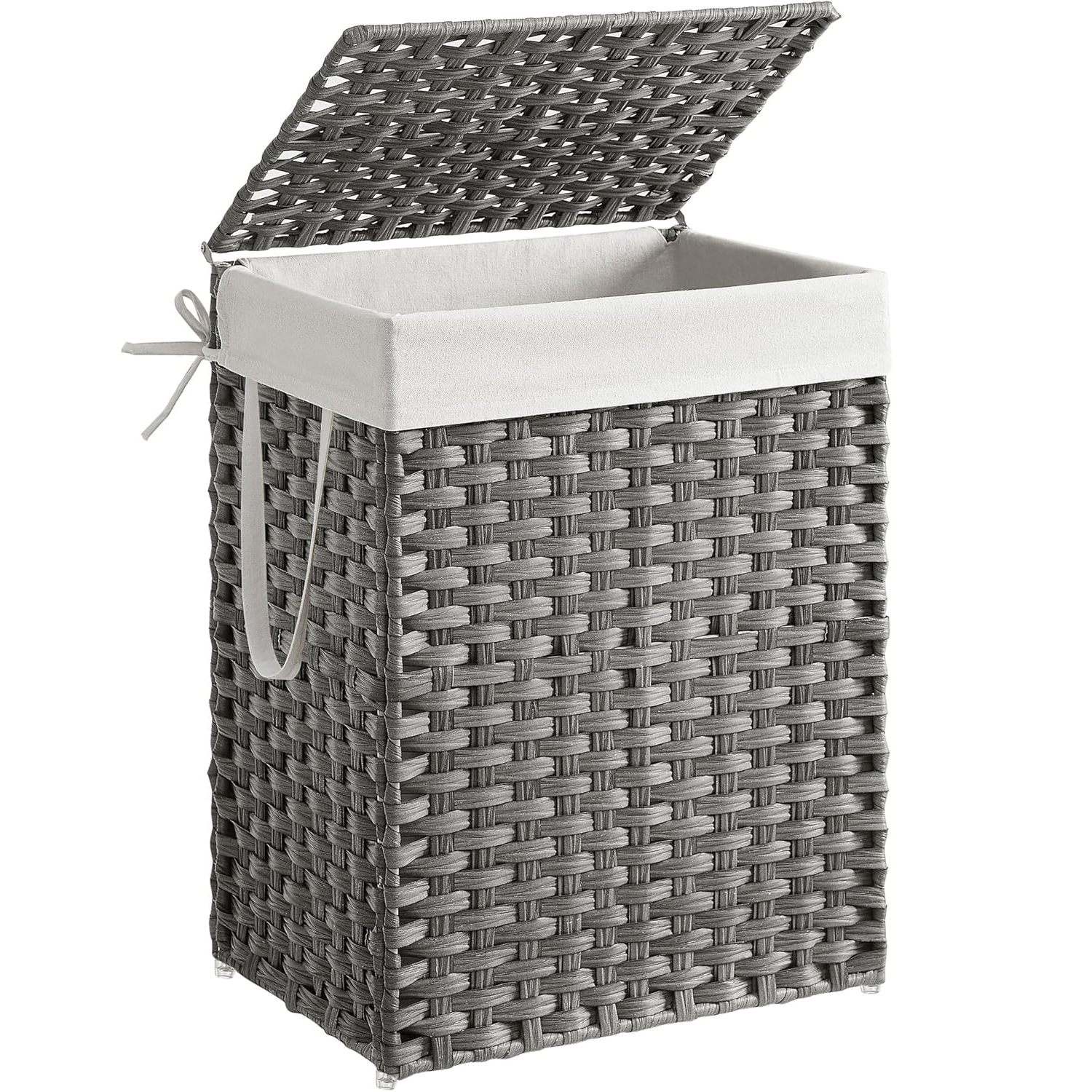 SONGMICS szennyestartó kosár fedéllel, szintetikus rattanból, kivehető zsákkal, 90 L, 46x33x60 cm, szürke